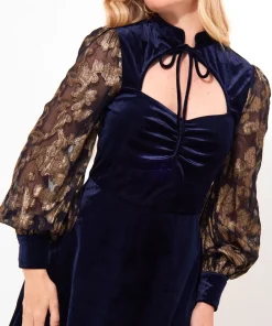 Contrast Embroidered Sleeve Velour Dress