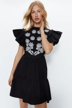 Contrast Embroidery Floral Mini Tunic Dress
