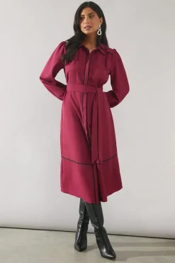Contrast Piping Tie Waist Shirt Dress