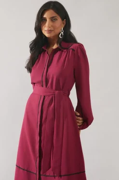 Contrast Piping Tie Waist Shirt Dress