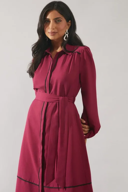 Contrast Piping Tie Waist Shirt Dress