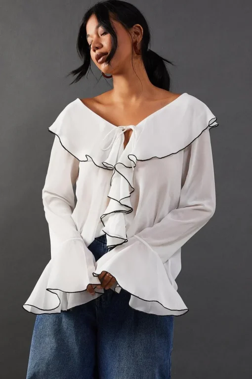 Contrast Stitch Ruffle Flared Sleeve Blouse