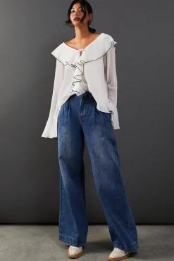 Contrast Stitch Ruffle Flared Sleeve Blouse