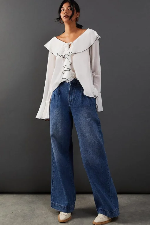 Contrast Stitch Ruffle Flared Sleeve Blouse