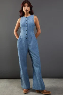 Cord Fitted Button Sleeveless Jumpsuit