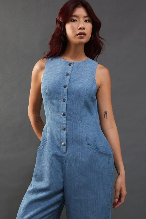 Cord Fitted Button Sleeveless Jumpsuit