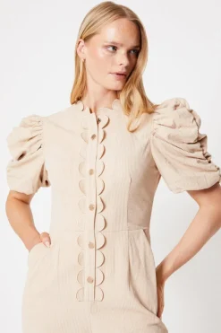 Cord Scallop Edge Puff Sleeve  Jumpsuit