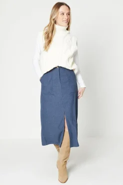 Cord Split Front Midi Skirt