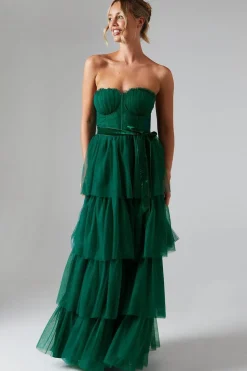 Corset Bodice Tiered Tulle Skirt Maxi Dress