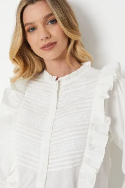 Cotton Poplin Pintuck Lace Trim Button Through Top
