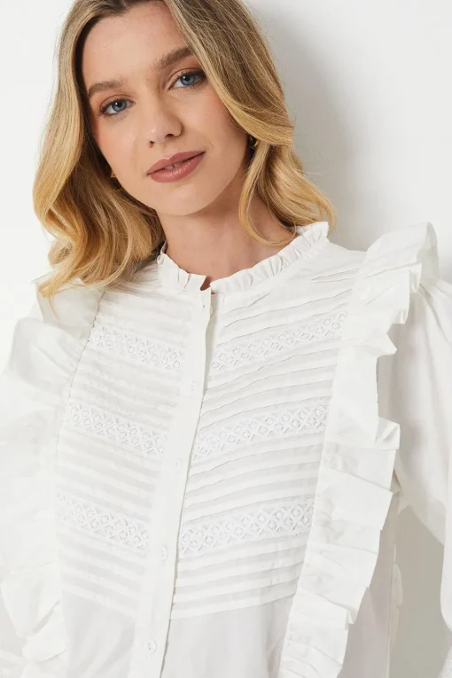 Cotton Poplin Pintuck Lace Trim Button Through Top