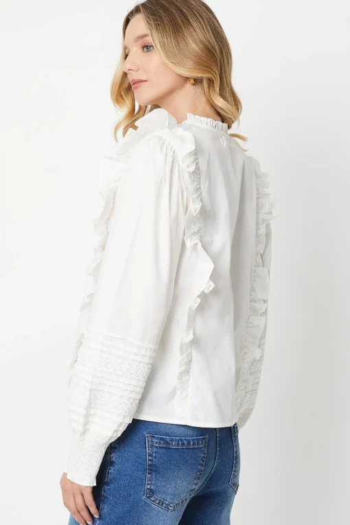 Cotton Poplin Pintuck Lace Trim Button Through Top