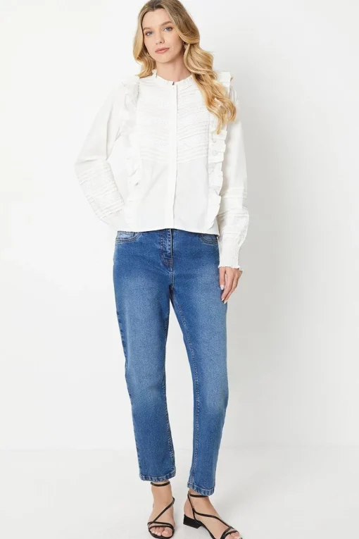 Cotton Poplin Pintuck Lace Trim Button Through Top