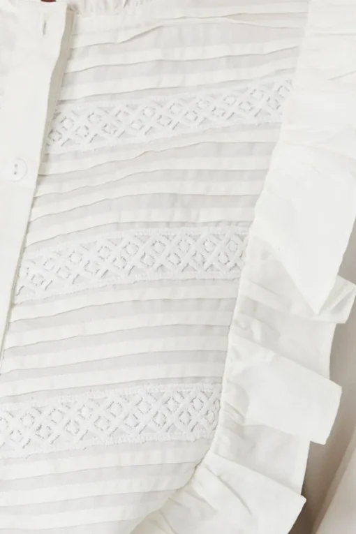 Cotton Poplin Pintuck Lace Trim Button Through Top
