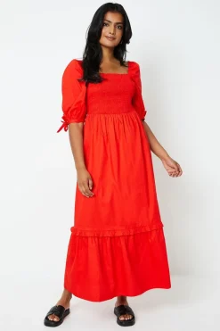 Cotton Poplin Shirred Midi Dress