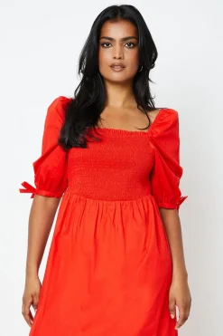 Cotton Poplin Shirred Midi Dress