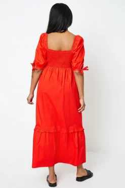 Cotton Poplin Shirred Midi Dress
