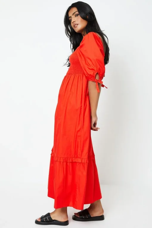 Cotton Poplin Shirred Midi Dress