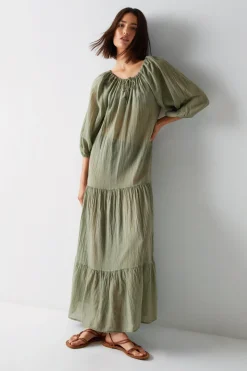 Cotton Ruched Neck Balloon Sleeve Tiered Maxi Beach Dress