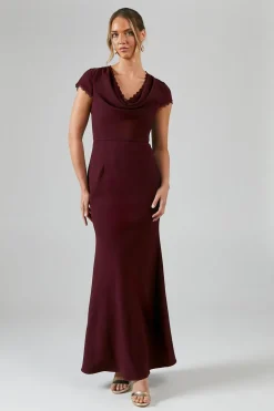 Cowl Front Lace Trim Maxi Bridesmaid Dress