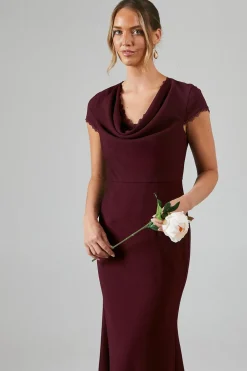 Cowl Front Lace Trim Maxi Bridesmaid Dress