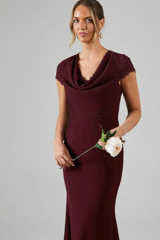 Cowl Front Lace Trim Maxi Bridesmaid Dress