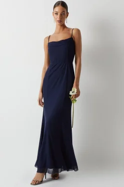 Cowl Front Stretch Mesh Bridesmaid Maxi Dress