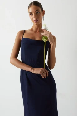 Cowl Front Stretch Mesh Bridesmaid Maxi Dress