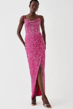 Cowl Neck Corset Bodice Sequin Maxi Dress