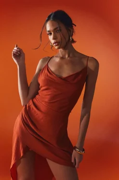 Crinkle Cowl Neck Asymmetric Strappy Back Midi Dress