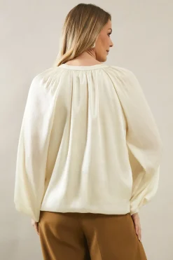 Crinkle Satin Balloon Sleeve Blouse