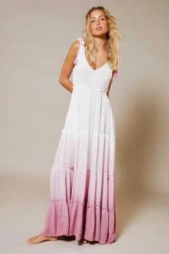 Crinkle Viscose Ombre Tiered Tie Maxi Dress