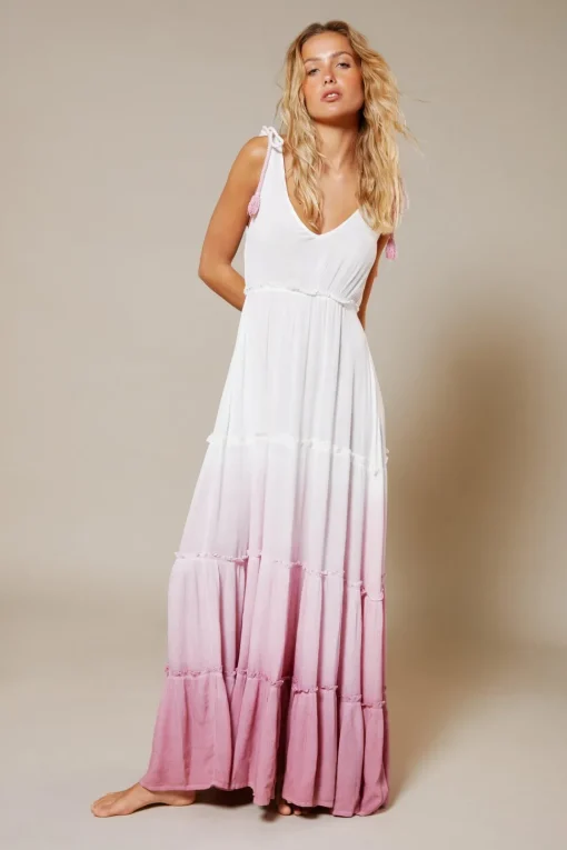 Crinkle Viscose Ombre Tiered Tie Maxi Dress