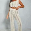 Crochet Knit Straight Leg Scalloped Hem Trouser