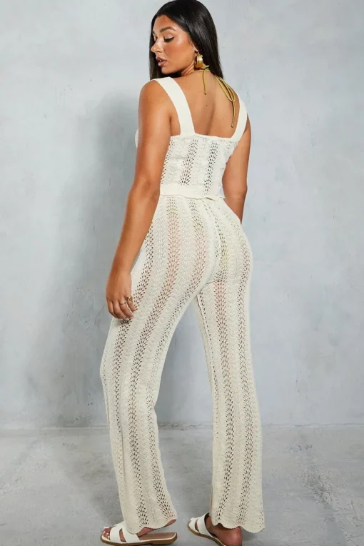 Crochet Knit Straight Leg Scalloped Hem Trouser