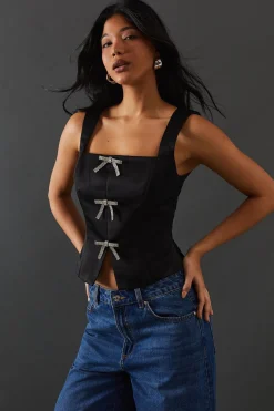 Crystal Bow Satin Tie Front Corset Top