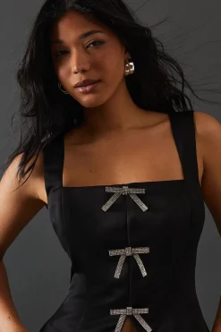 Crystal Bow Satin Tie Front Corset Top