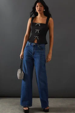 Crystal Bow Satin Tie Front Corset Top