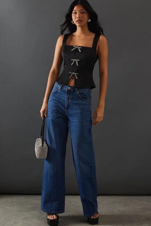 Crystal Bow Satin Tie Front Corset Top