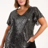 Curve Angel Sleeve V-Neck Sequin Top