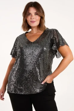Curve Angel Sleeve V-Neck Sequin Top