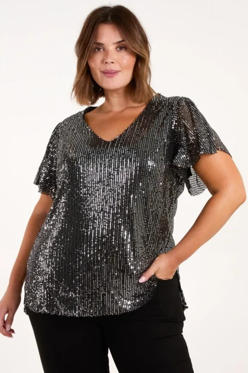 Curve Angel Sleeve V-Neck Sequin Top
