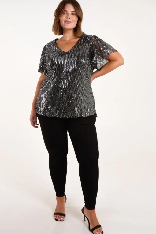 Curve Angel Sleeve V-Neck Sequin Top