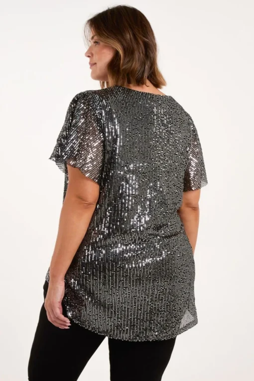Curve Angel Sleeve V-Neck Sequin Top