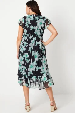 Curve Black Floral Wrap Midi Dress