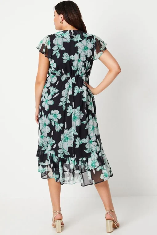 Curve Black Floral Wrap Midi Dress