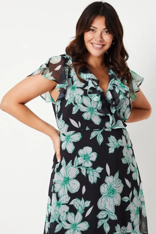 Curve Black Floral Wrap Midi Dress