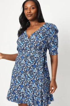 Curve Blue Ditsy Wrap Mini Dress