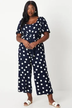 Curve Blue Spot Tie Waist Jumpsuit