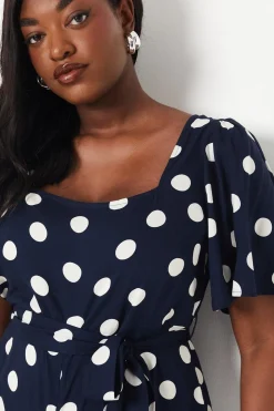 Curve Blue Spot Tie Waist Jumpsuit
